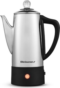 Elite Gourmet EC140 Electric 6-Cup Coffee Percolator with Keep Warm, Clear Brew Progress Knob Cool-Touch Handle Cord-less Serve, Stainless Steel - 1