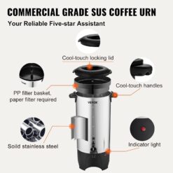 VEVOR Commercial Coffee Urn, 50 Cups/7.5qt Stainless Steel Large Coffee Dispenser, 1000W 110V Electric Coffee Maker Urn For Quick Brewing, Hot Water Urn with Detachable Power Cord for Easy Cleaning - 6