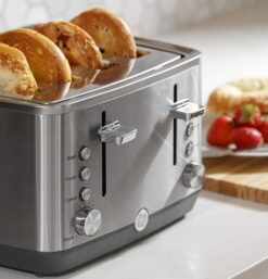 GE Stainless Steel Toaster | 4 Slice | Extra Wide Slots for Toasting Bagels, Breads, Waffles & More | 7 Shade Options for the Entire Household to Enjoy | Countertop Kitchen Essentials | 1500 Watts - 3
