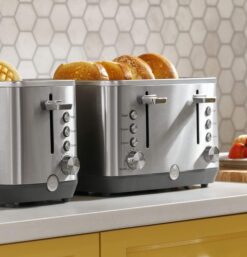 GE Stainless Steel Toaster | 4 Slice | Extra Wide Slots for Toasting Bagels, Breads, Waffles & More | 7 Shade Options for the Entire Household to Enjoy | Countertop Kitchen Essentials | 1500 Watts - 4
