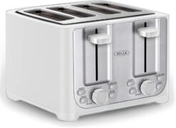 BELLA 4 Slice Toaster with Auto Shut Off - Extra Wide Slots & Removable Crumb Tray and Cancel, Defrost & Reheat Function - Toast Bread & Bagel, White - 1