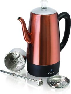 Euro Cuisine PER12 Electric Percolator 12 Cup Stainless Steel Coffee Pot Maker - Copper Finish - 1