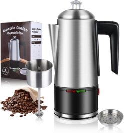 HOMOKUS Electric Coffee Percolator 12 CUPS Percolator Coffee Pot, 800W Percolator Coffee Maker Stainless Steel with Clear Knob Cool-touch Handle, Silver Coffee Pot Percolator Auto Keep Warm Function - 1