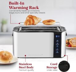 Elite Gourmet ECT5322 Long Slot 4 Slice Toaster, Countdown Timer, Bagel Function 6 Toast Setting, Defrost, Cancel Function, Built-in Warming Rack, Extra Wide Slots for Bagels Waffles, Stainless Steel - 7