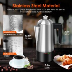 HOMOKUS Electric Coffee Percolator 12 CUPS Percolator Coffee Pot, 800W Percolator Coffee Maker Stainless Steel with Clear Knob Cool-touch Handle, Silver Coffee Pot Percolator Auto Keep Warm Function - 3