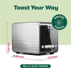 BELLA 2 Slice Toaster with Wide Slots, Touchscreen - Removable Crumb Tray, Adjustable Browning Control With Multiple Settings - Stainless Steel and Black - 6