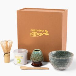 Matcha Tea Present Box Set - Matcha Tea Ceremony Present Set by MATCHA DNA (Brown) - 1 oz Organic Ceremonial Matcha Green Tea Tin, Bamboo Whisk, Ceramic Whisk Holder, Matcha Bowl, and Bamboo Spoon - 1