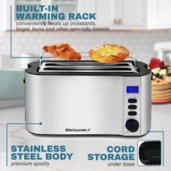 Elite Gourmet ECT4400B# Long Slot 4 Slice Toaster, Countdown Timer, 6 Toast Setting, Defrost, Cancel Function, Built-in Warming Rack, Extra Wide Slots for Bagel Waffle, Stainless Steel - 6