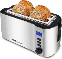 Elite Gourmet ECT4400B# Long Slot 4 Slice Toaster, Countdown Timer, 6 Toast Setting, Defrost, Cancel Function, Built-in Warming Rack, Extra Wide Slots for Bagel Waffle, Stainless Steel - 1