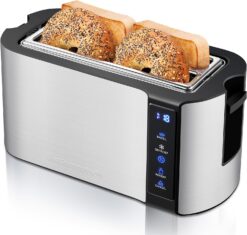 Elite Gourmet ECT5322 Long Slot 4 Slice Toaster, Countdown Timer, Bagel Function 6 Toast Setting, Defrost, Cancel Function, Built-in Warming Rack, Extra Wide Slots for Bagels Waffles, Stainless Steel - 1