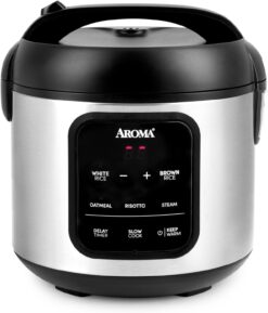 AROMA® Digital Rice Cooker, 4-Cup (Uncooked) / 8-Cup (Cooked), Steamer, Multicooker, Slow Cooker, Oatmeal Cooker, Auto Keep Warm, 2 Qt, Stainless Steel Exterior