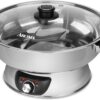 Aroma Housewares ASP-610 Dual-Sided Shabu Hot Pot, 5Qt, Stainless Steel Aroma Housewares 3 Uncooked 6 Cups Cooked Rice Cooker, Steamer, Multicooker, 2-6 cups, Black