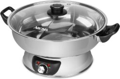 Aroma Housewares ASP-610 Dual-Sided Shabu Hot Pot, 5Qt, Stainless Steel Aroma Housewares 3 Uncooked 6 Cups Cooked Rice Cooker, Steamer, Multicooker, 2-6 cups, Black