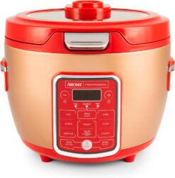 Aroma Professional ARC-1230R Cool Touch Glass Lid, Food Steamer, Slow Cooker, Multicooker with 11 Preset Functions, Steam Tray, Measuring, Rice Spatula, 20 Cup Cooked, Red