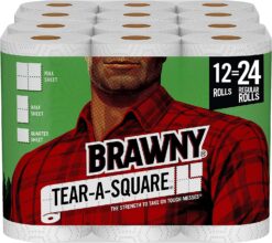 Brawny Tear-A-Square Paper Towels, 12 Double Rolls = 24 Regular Rolls, 3 Sheet Size Options, Quarter Size Sheets