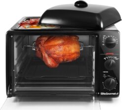 Elite Gourmet ERO-2008SZ## Countertop XL Toaster Oven w/Top Grill & Griddle & Lid + Convection Rotisserie, Bake, Broil, Roast, Toast, Keep Warm & Steam, 23L capacity fits 12” pizza, 6-Slice, Black