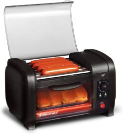 Elite Gourmet Elite Cuisine EHD-051B# Hot Dog Toaster Oven, 30-Min Timer, Stainless Steel Heat Rollers Bake & Crumb Tray, World Series Baseball, 4 Bun Capacity, Black