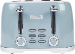 HADEN Brighton Bread Toaster - 4-Slice Wide Slot Toaster with Button Settings, Removable Crumb Tray with Bagel and Defrost Settings - Sky Blue