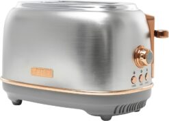 HADEN Heritage Bread Toaster - 2-Slice Wide Slot Toaster with Button Settings, Removable Crumb Tray with Bagel and Defrost Settings (Steel and Copper)