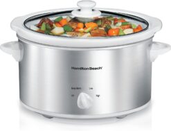 Hamilton Beach 4-Quart Slow Cooker with 3 Cooking Settings, Dishwasher-Safe Stoneware Crock & Glass Lid, Stainless Steel (33140G)