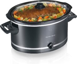 Hamilton Beach Slow Cooker with 3 Cooking Settings, Dishwasher-Safe Stoneware Crock & Glass, 8-Quart Built-In Lid Rest, Black