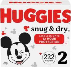 Huggies Size 2 Diapers, Snug & Dry Baby Diapers, Size 2 (12-18 lbs), 222 Count (3 packs of 74), Packaging May Vary