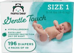 Mama Bear Gentle Touch Diapers, Hypoallergenic, Size 1, White, 196 Count (4 packs of 49)