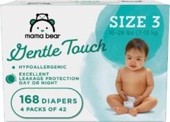 Mama Bear Gentle Touch Diapers, Hypoallergenic, Size 3, 168 Count (4 packs of 42), White