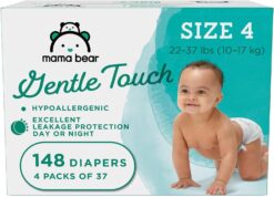 Mama Bear Gentle Touch Diapers, Hypoallergenic, Size 4, White, 148 Count, 4 Packs of 37