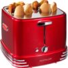 Nostalgia 4 Slot Hot Dog and Bun Toaster with Mini Tongs, Hot Dog Toaster Works with Chicken, Turkey, Veggie Links, Sausages and Brats, Metallic Red