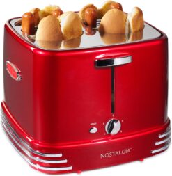 Nostalgia 4 Slot Hot Dog and Bun Toaster with Mini Tongs, Hot Dog Toaster Works with Chicken, Turkey, Veggie Links, Sausages and Brats, Metallic Red