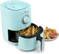 Nostalgia Personal Air Fryer 1-Quart, Compact Space Saving, Adjustable 30 Minute Timer and Temperature Up To 400℉, Non-Stick Dishwasher Safe Basket, Portion Control, Aqua
