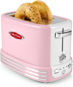 Nostalgia Retro Wide 2-Slice Toaster, Vintage Design With Crumb Tray, Cord Storage & 5 Toasting Levels, Pink