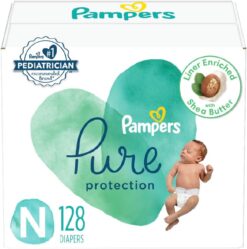 Pampers Pure Protection Diapers Newborn - Size 0, 128 Count, Hypoallergenic Premium Disposable Baby Diapers