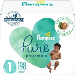 Pampers Pure Protection Diapers - Size 1, One Month Supply (198 Count), Hypoallergenic Premium Disposable Baby Diapers