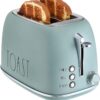 Rae Dunn Retro Rounded Bread Toaster, 2 Slice Stainless Steel Toaster with Removable Crumb Tray, Wide Slot with 6 Browning Levels, Bagel, Defrost and Cancel Options (Green)