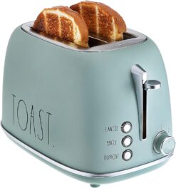 Rae Dunn Retro Rounded Bread Toaster, 2 Slice Stainless Steel Toaster with Removable Crumb Tray, Wide Slot with 6 Browning Levels, Bagel, Defrost and Cancel Options (Green)