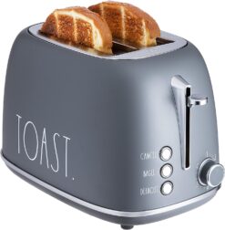 Rae Dunn Retro Rounded Bread Toaster, 2 Slice Stainless Steel Toaster with Removable Crumb Tray, Wide Slot with 6 Browning Levels, Bagel, Defrost and Cancel Options (Grey)