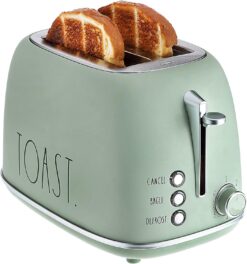 Rae Dunn Retro Rounded Bread Toaster, 2 Slice Stainless Steel Toaster with Removable Crumb Tray, Wide Slot with 6 Browning Levels, Bagel, Defrost and Cancel Options (Sage)
