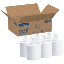 Scott® Essential Roll Control Center Pull Paper Towels (01032) with Fast-Drying Absorbency Pockets, Perforated Full-Sized Hand Paper Towels, White (6 Rolls per Case, 4,200 Sheets Total)