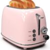 Toaster 2 slice,Retro Stainless Steel Toaster with 6 Settings, 1.5 In Extra Wide Slots, Bagel/Defrost/Cancel Function, Removable Crumb Tray (Baby pink)