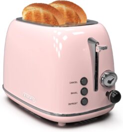 Toaster 2 slice,Retro Stainless Steel Toaster with 6 Settings, 1.5 In Extra Wide Slots, Bagel/Defrost/Cancel Function, Removable Crumb Tray (Baby pink)