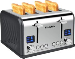 Toaster 4 Slice, Bagel Stainless Toaster with LCD Timer, Extra Wide Slots, Dual Screen, Removal Crumb Tray (Gray)