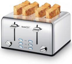 Toaster 4 Slice, Geek Chef Stainless Steel Toaster with Extra Wide Slots, 4 Slot Toaster with Bagel/Defrost/Cancel Function, Dual Control Panel of 6 Toasting Bread Shade Settings