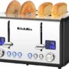 Toaster 4 Slice, KitchMix Bagel Stainless Toaster with LCD Timer, Extra Wide Slots, Dual Screen, Removal Crumb Tray (Black)