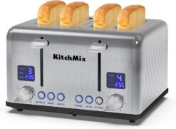 Toaster 4 Slice, KitchMix Bagel Stainless Toaster with LCD Timer, Extra Wide Slots, Dual Screen, Removal Crumb Tray (Stinless steel)