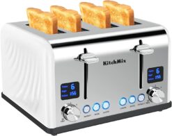 Toaster 4 Slice, KitchMix Bagel Stainless Toaster with LCD Timer, Extra Wide Slots, Dual Screen, Removal Crumb Tray (White)