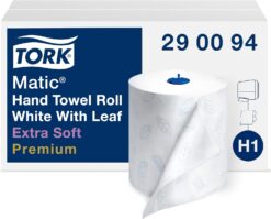 Tork Matic Extra Soft Paper Hand Towel Roll White with Blue Leaf H1, Premium, High Absorbency, 6 Rolls x 300 ft, 290094