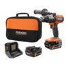 RIDGID R86115K-AC840040 18V Brushless Cordless 1/2 in. Hammer Drill/Driver Kit with (2) 4.0 Ah MAX Output Batteries, 18V Charger, and Tool Bag