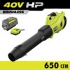 RYOBI RY404140 40V HP Brushless Whisper Series 160 MPH 650 CFM Cordless Battery Leaf Blower with 6.0 Ah Battery and Charger